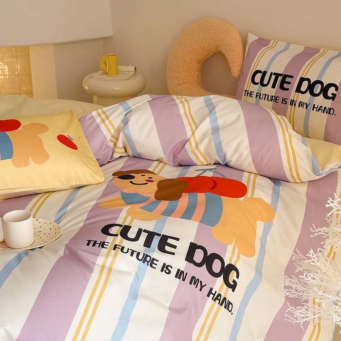 91家纺网 家纺一手货源 找家纺 花言狐语 2025新款全棉13372卡通大版数码印花四件套（提供买家秀） 可爱小狗（紫）