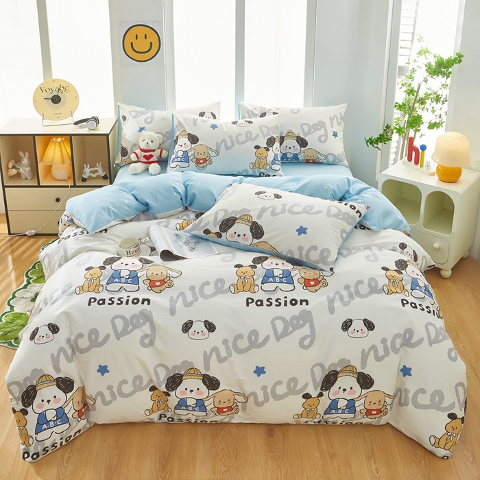 91家纺网 家纺一手货源 找家纺 黛妮雅 2025新款AB版全棉印花单被套床单枕套 萌酷狗