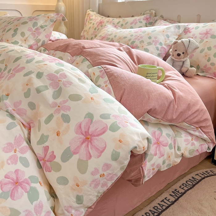 91家纺网 家纺一手货源 找家纺 大吉 2025新款100全棉纯棉喷气小清新被套四件套纯棉三件套床笠四件套单被套单枕套 甜梦