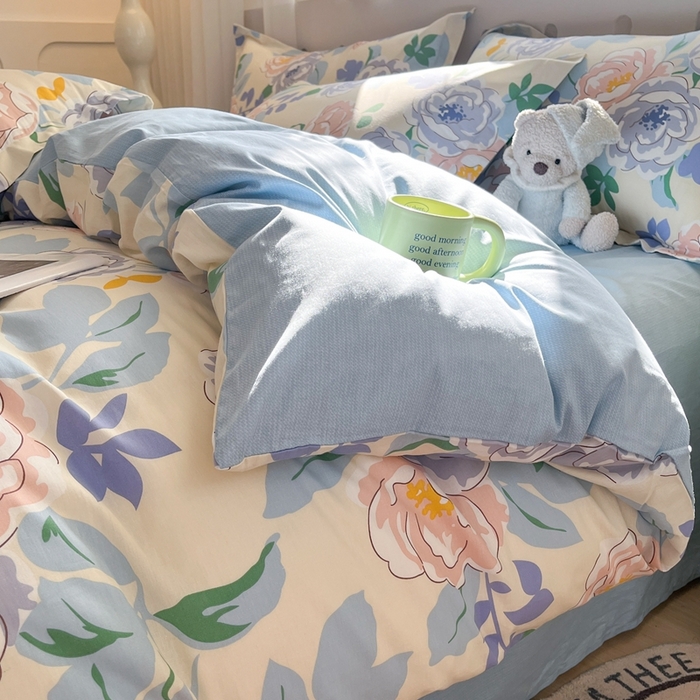 91家纺网 家纺一手货源 找家纺 大吉 2025新款100全棉纯棉喷气小清新被套四件套纯棉三件套床笠四件套单被套单枕套 山茶花开