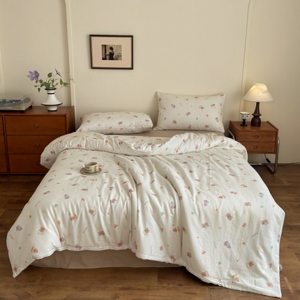 曲之慕2025新款A类母婴级有氧全棉纯棉双层纱印花四件套 甜点小熊-米