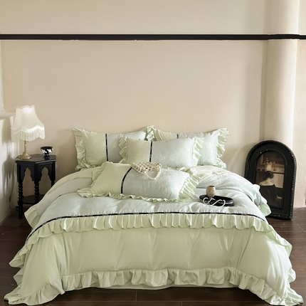 91家纺网 家纺一手货源 找家纺 豪美鑫 2025新款亲肤棉法式花边四件套-花语 花语 绿