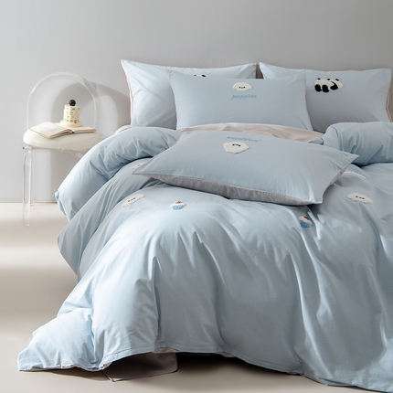 Mr.pig猪先生水洗棉 2025新款水洗棉毛巾绣四件套 小白狗-浅灰蓝