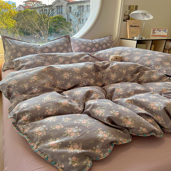 91家纺网 家纺一手货源 找家纺 葡萄家 2025爆款高克重彩色三角针A类针织双层纱四件套 提供买家秀 茉福灰