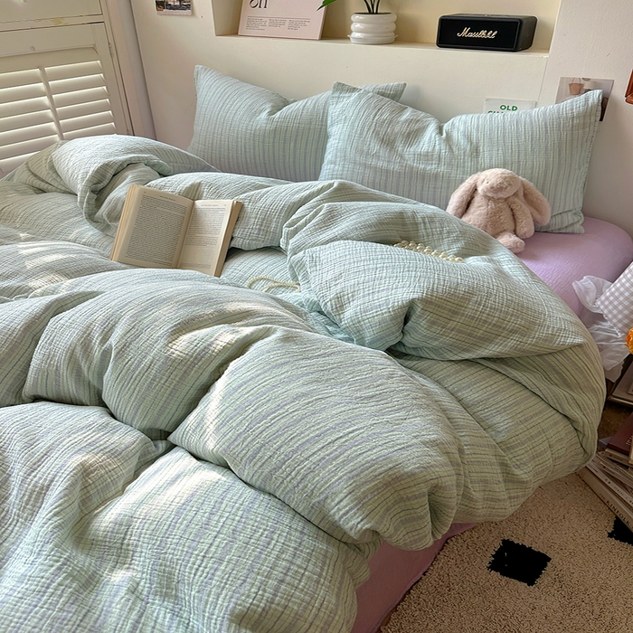 91家纺网 家纺一手货源 找家纺 田野2025新款全棉皱皱纱四件套 小半-绿紫