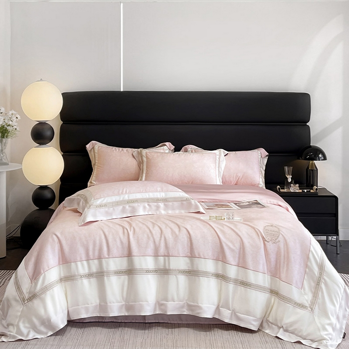 91家纺网 家纺一手货源 找家纺 高端轻奢A类母婴级兰精天丝全工艺刺绣四件套高端真丝夏季丝滑裸睡床上用品  维曼-香颂粉