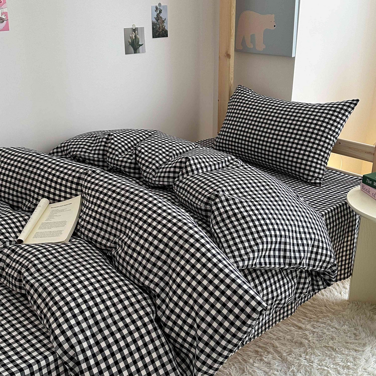 91家纺网 家纺一手货源 找家纺 拔萃 2025新款全棉纯棉色织学生上下铺套件格子纯棉宿舍三件套六件套 黑小格