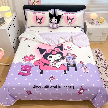 2025新款正版授权A类大版数码印花三丽鸥可机洗1200D冰丝凉席席子凉席可组合针织棉夏被四件套-平铺款 平铺款-美妆库洛米