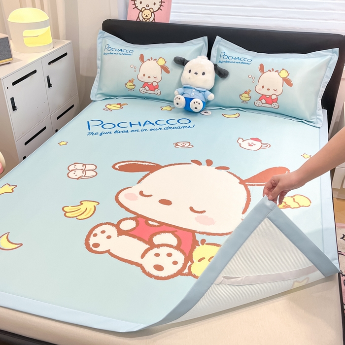 91家纺网 家纺一手货源 找家纺 2025新款正版授权A类大版数码印花三丽鸥可机洗1200D冰丝凉席席子凉席可组合针织棉夏被四件套-平铺款 平铺款-呆萌帕恰狗