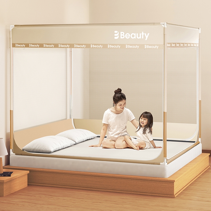 91家纺网 家纺一手货源 找家纺 青竹苑 2025新款无印字母三门坐床床笠底防摔蚊帐 米杏