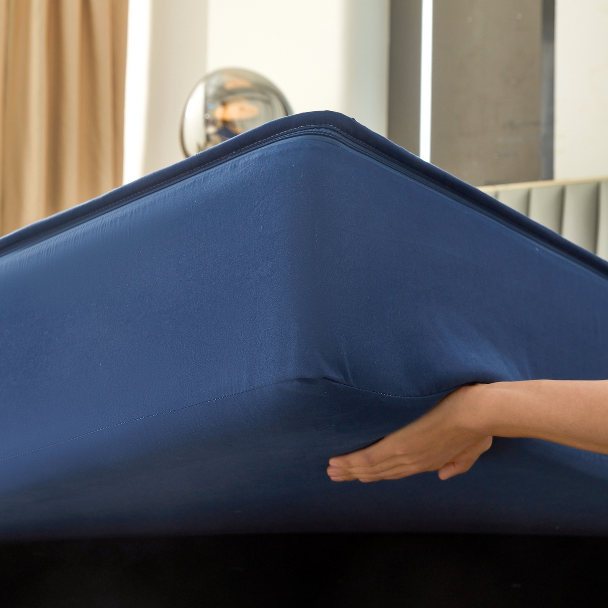 91家纺网 家纺一手货源 找家纺 欧邦 2025新款可拆卸六面全包夹棉床笠 单面夹棉-魅宝蓝