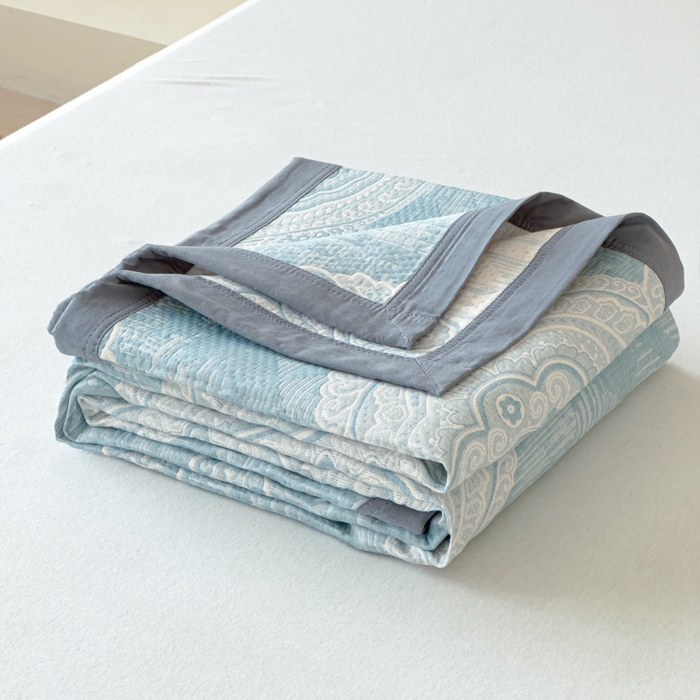 91家纺网 家纺一手货源 找家纺 2025新款A类纯棉针织三层纱提花多功能毯 蓝色-梦回