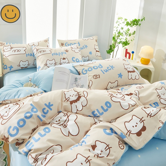 91家纺网 家纺一手货源 找家纺 黛妮雅 2025新款AB版全棉印花单被套床单枕套 幸运猫咪