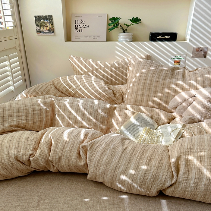 91家纺网 家纺一手货源 找家纺 田野2025新款全棉皱皱纱四件套 小半-奶茶棕