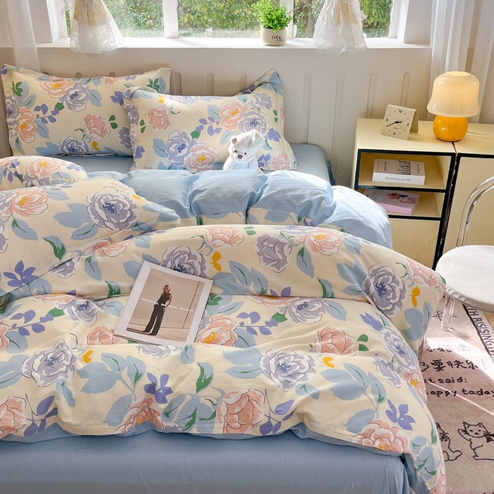 91家纺网 家纺一手货源 找家纺 大吉 2025新款100全棉纯棉喷气小清新被套四件套纯棉三件套床笠四件套单被套单枕套 山茶花开