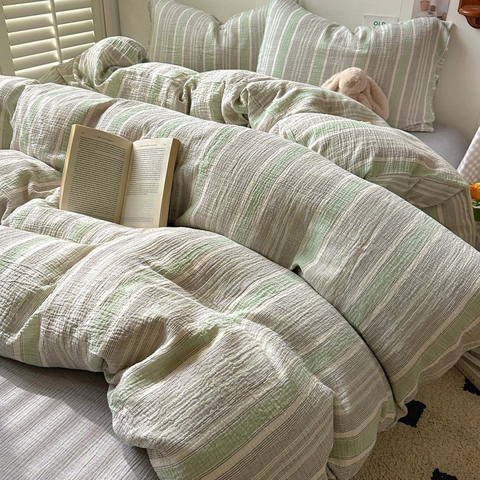 91家纺网 家纺一手货源 找家纺 田野2025新款全棉皱皱纱四件套 时予-灰绿