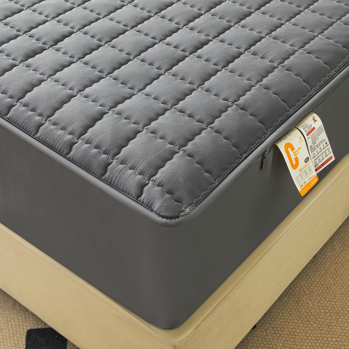 91家纺网 家纺一手货源 找家纺 欧邦 2025新款可拆卸六面全包夹棉床笠 深灰（单面夹棉）