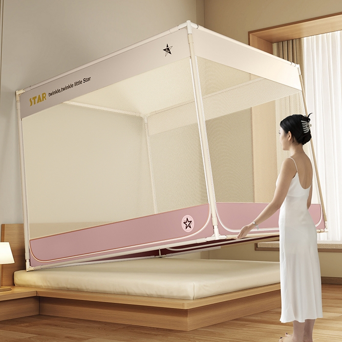 91家纺网 家纺一手货源 找家纺 青竹苑 2025新款无印字母三门坐床床笠底防摔蚊帐 星星