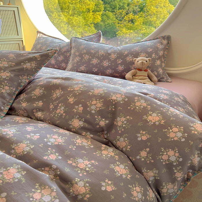 91家纺网 家纺一手货源 找家纺 葡萄家 2025爆款高克重彩色三角针A类针织双层纱四件套 提供买家秀 茉福灰