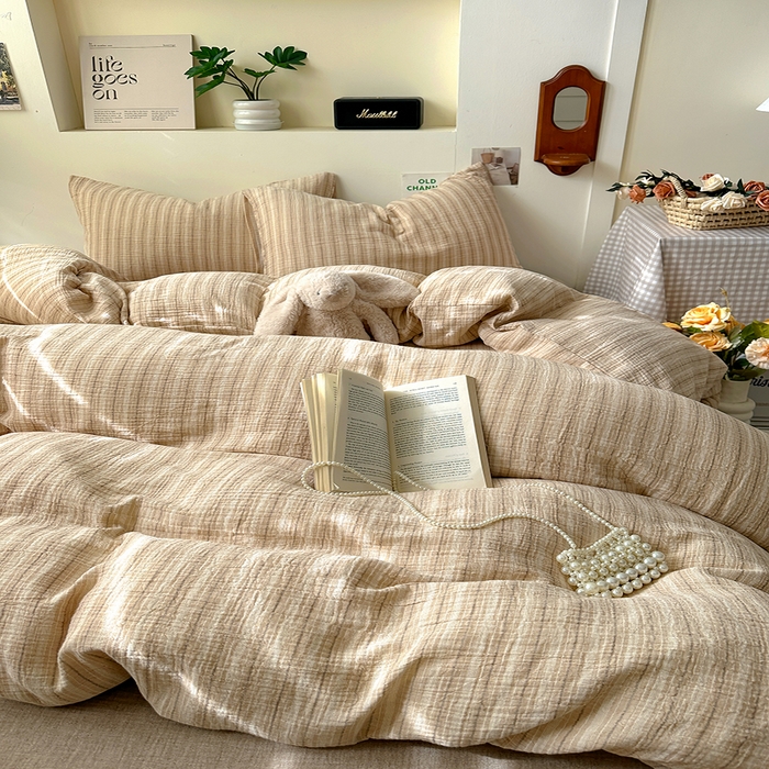 91家纺网 家纺一手货源 找家纺 田野2025新款全棉皱皱纱四件套 小半-奶茶棕