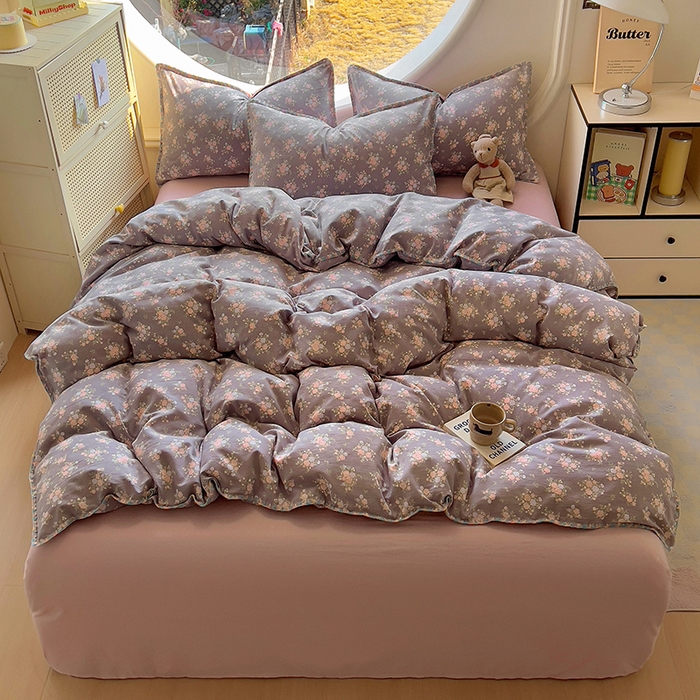 91家纺网 家纺一手货源 找家纺 葡萄家 2025爆款高克重彩色三角针A类针织双层纱四件套 提供买家秀 茉福灰