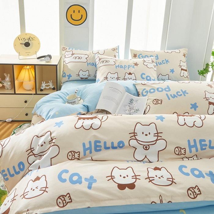 91家纺网 家纺一手货源 找家纺 黛妮雅 2025新款AB版全棉印花单被套床单枕套 幸运猫咪