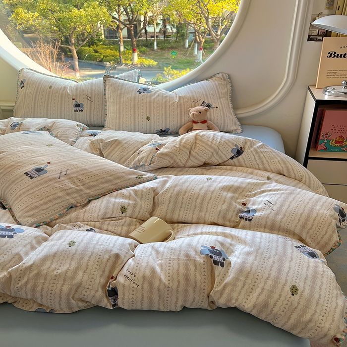 91家纺网 家纺一手货源 找家纺 葡萄家 2025爆款高克重彩色三角针A类针织双层纱四件套 提供买家秀 北鼻象