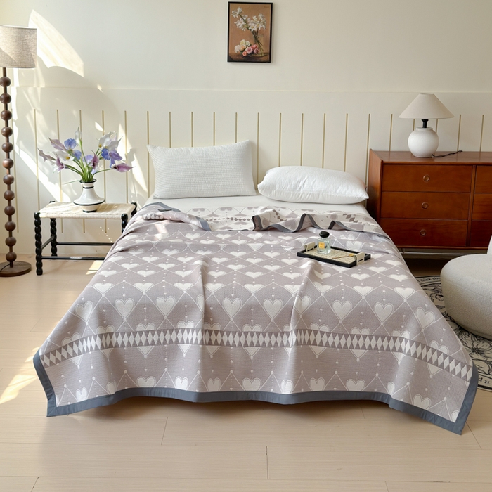 91家纺网 家纺一手货源 找家纺 2025新款A类纯棉针织三层纱提花多功能毯 蓝色-相思