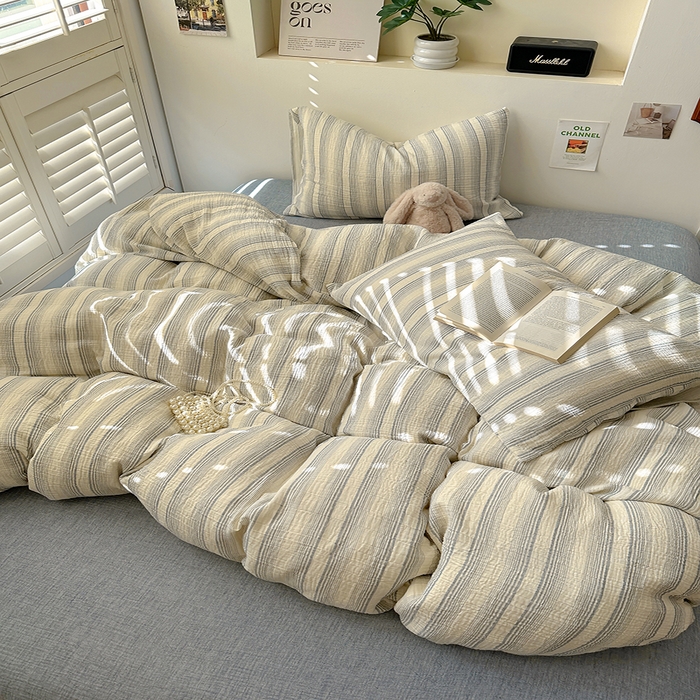 91家纺网 家纺一手货源 找家纺 田野2025新款全棉皱皱纱四件套 半夏-蓝