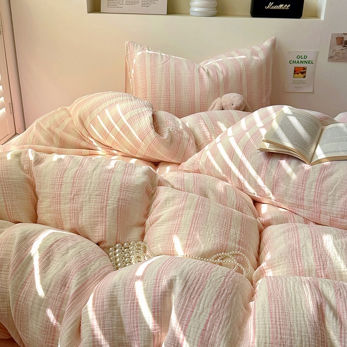 91家纺网 家纺一手货源 找家纺 田野2025新款全棉皱皱纱四件套 半夏-粉