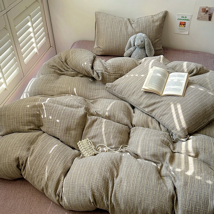 91家纺网 家纺一手货源 找家纺 田野2025新款全棉皱皱纱四件套 小半-亚麻棕