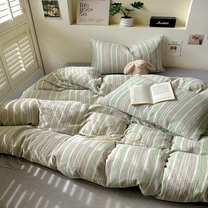 91家纺网 家纺一手货源 找家纺 田野2025新款全棉皱皱纱四件套 时予-灰绿