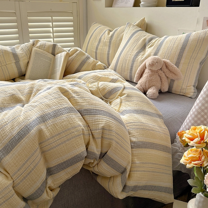 91家纺网 家纺一手货源 找家纺 田野2025新款全棉皱皱纱四件套 时予-黄灰