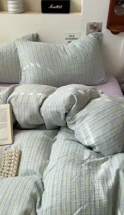 91家纺网 家纺一手货源 找家纺 田野2025新款全棉皱皱纱四件套 小半-绿紫