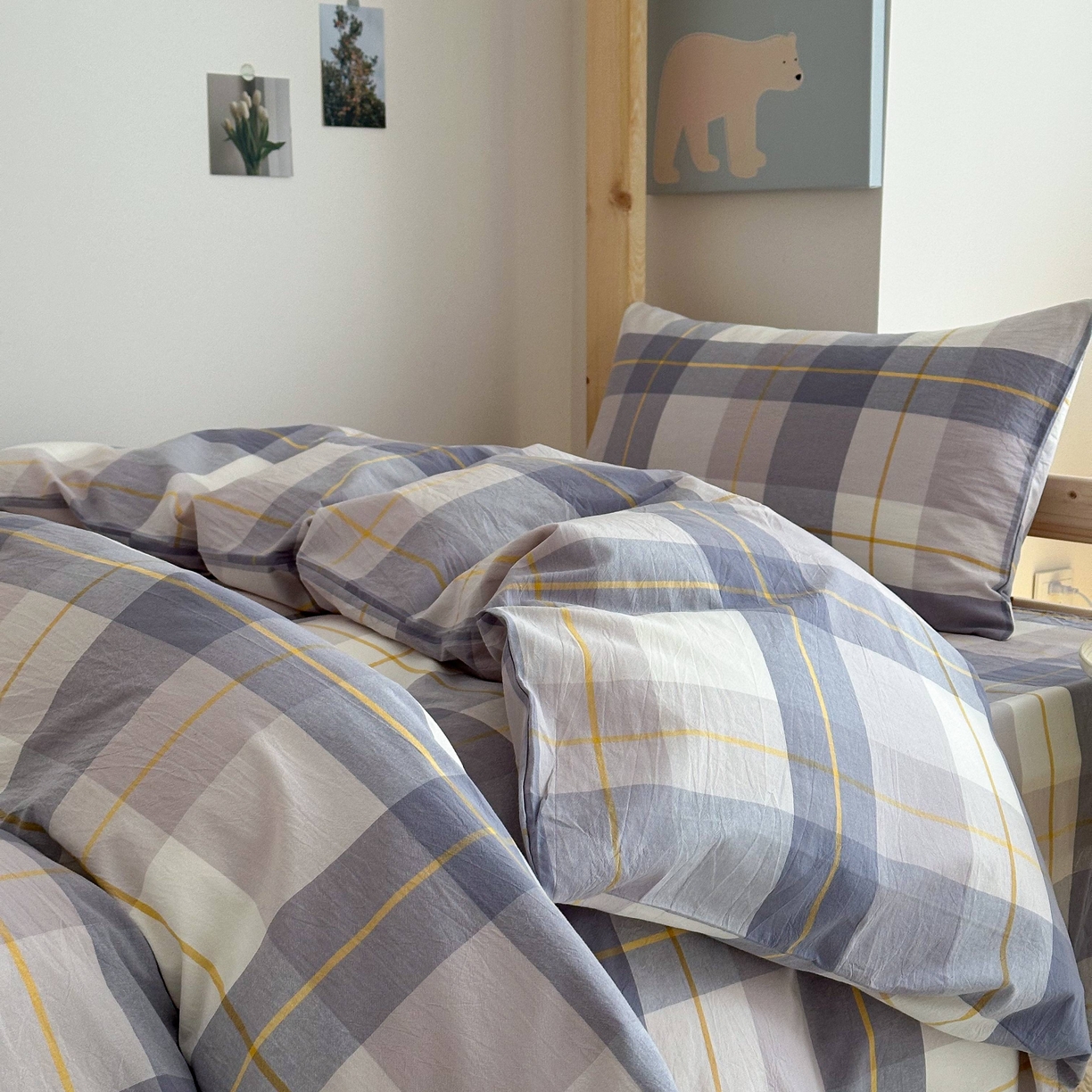 91家纺网 家纺一手货源 找家纺 拔萃 2025新款全棉纯棉色织学生上下铺套件格子纯棉宿舍三件套六件套 欧灰大格