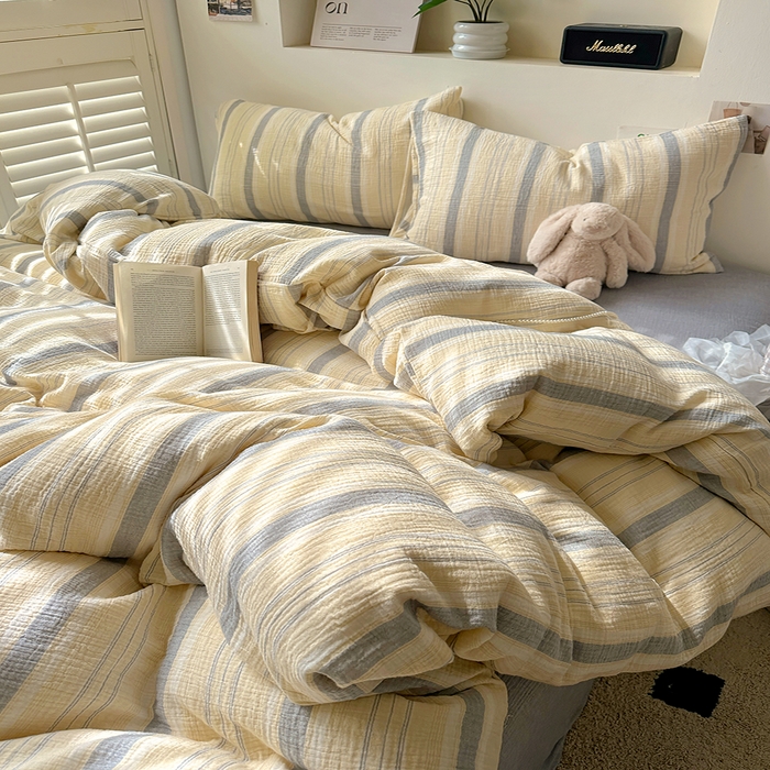 91家纺网 家纺一手货源 找家纺 田野2025新款全棉皱皱纱四件套 时予-黄灰