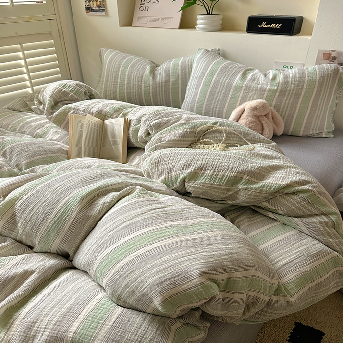 91家纺网 家纺一手货源 找家纺 田野2025新款全棉皱皱纱四件套 时予-灰绿