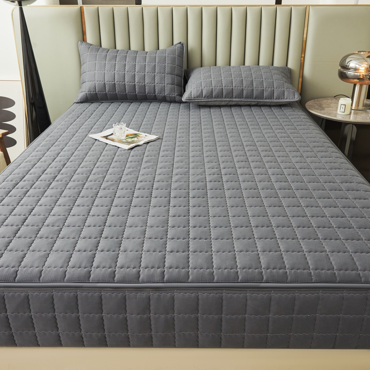 91家纺网 家纺一手货源 找家纺 欧邦 2025新款可拆卸六面全包夹棉床笠 五面夹棉-深灰