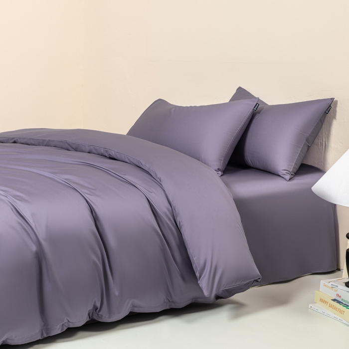 91家纺网 家纺一手货源 找家纺 舒慕家纺 2025新款100s高支贡缎长绒棉纯色四件套双拼四件套（送包装） 香芋紫