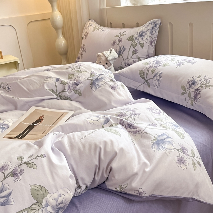 91家纺网 家纺一手货源 找家纺 大吉 2025新款100全棉纯棉喷气小清新被套四件套纯棉三件套床笠四件套单被套单枕套 紫韵