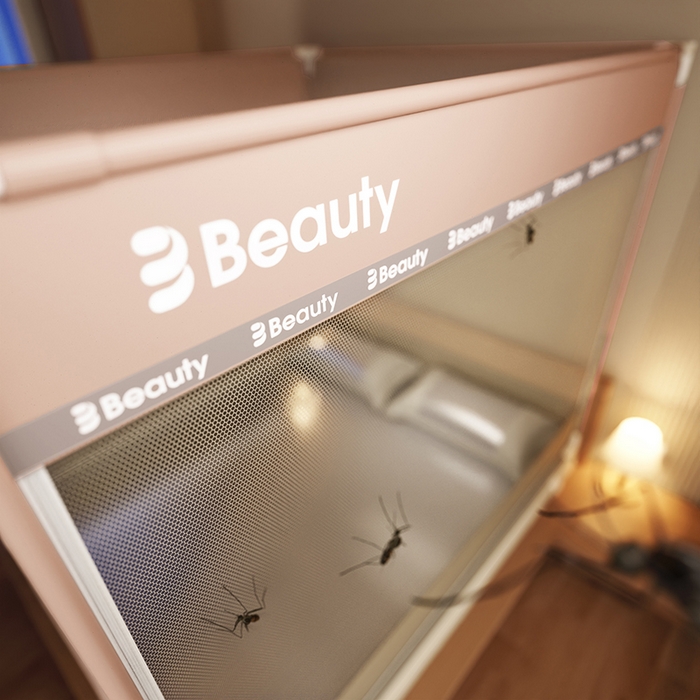 91家纺网 家纺一手货源 找家纺 青竹苑 2025新款无印字母三门坐床床笠底防摔蚊帐 粉灰