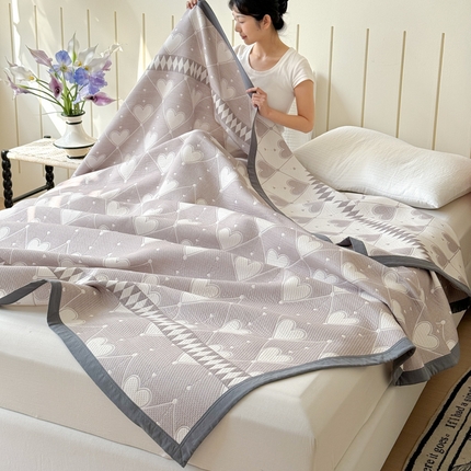 2025新款A类纯棉针织三层纱提花多功能毯 蓝色-相思