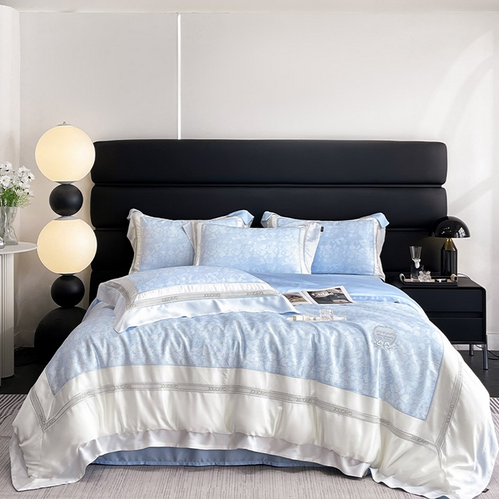 91家纺网 家纺一手货源 找家纺 高端轻奢A类母婴级兰精天丝全工艺刺绣四件套高端真丝夏季丝滑裸睡床上用品  维曼-香颂蓝