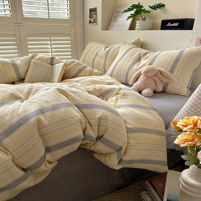 91家纺网 家纺一手货源 找家纺 田野2025新款全棉皱皱纱四件套 时予-黄灰