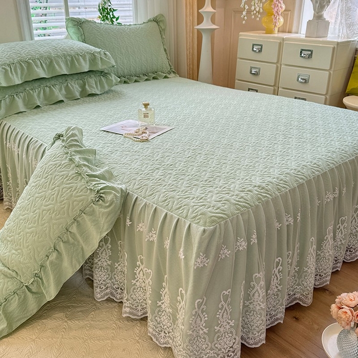 91家纺网 家纺一手货源 找家纺 2025新款A类华夫格大豆棉床裙四件套-梦幻花园 梦幻花园-绿