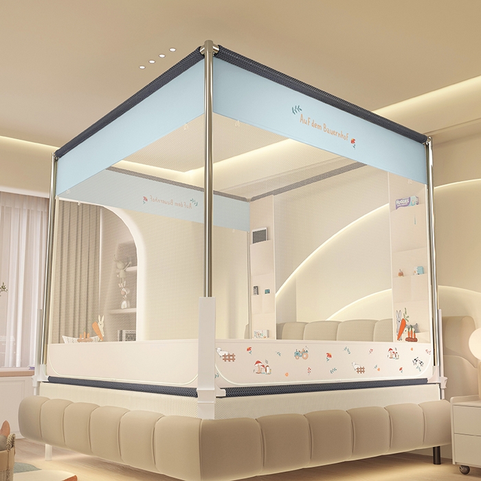 91家纺网 家纺一手货源 找家纺 青竹苑 2025新款围栏支架口袋款坐床防摔蚊帐 萝卜小兔兔