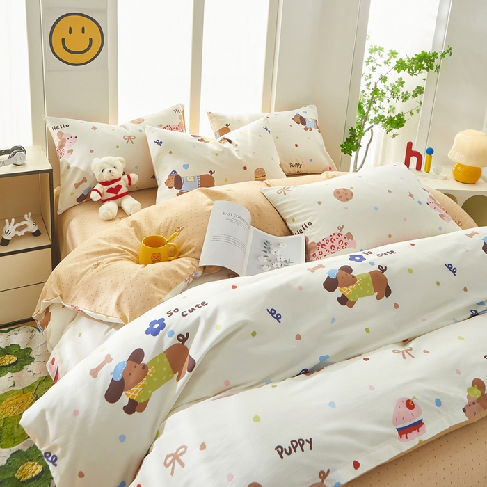 91家纺网 家纺一手货源 找家纺 黛妮雅 2025新款AB版全棉印花单被套床单枕套 腊肠狗