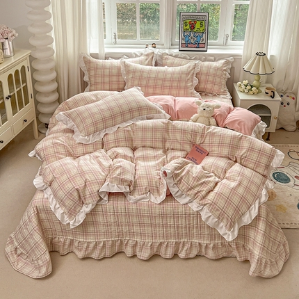 麦朵家居2025新款双层纱针织棉床盖款四件套 粉格子