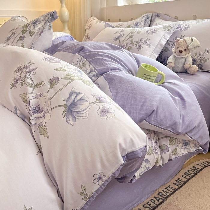 91家纺网 家纺一手货源 找家纺 大吉 2025新款100全棉纯棉喷气小清新被套四件套纯棉三件套床笠四件套单被套单枕套 紫韵