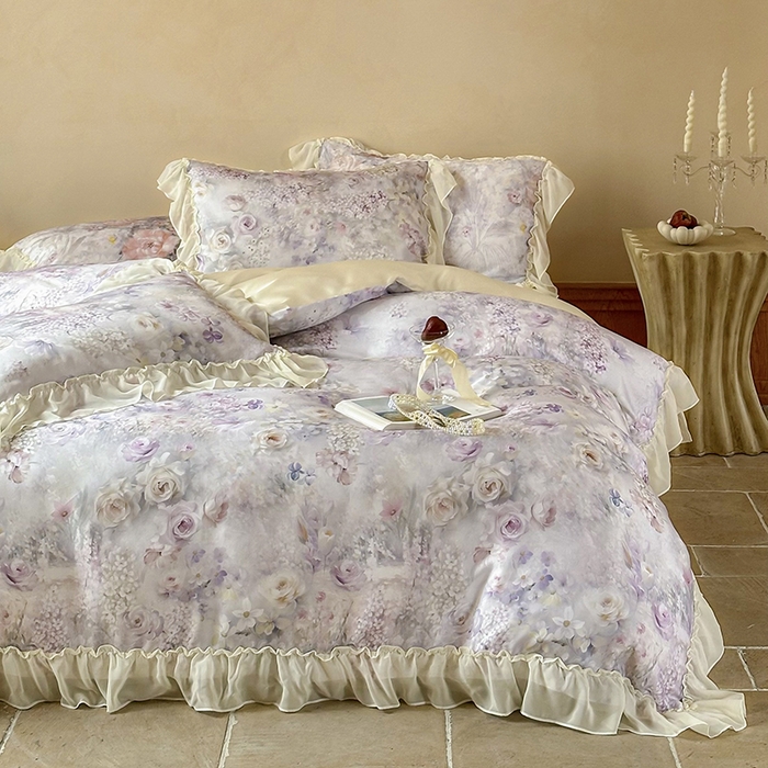 91家纺网 家纺一手货源 找家纺 沐晴家纺 2025春夏新品数码印花60兰精天丝云纱四件套 繁夏-紫